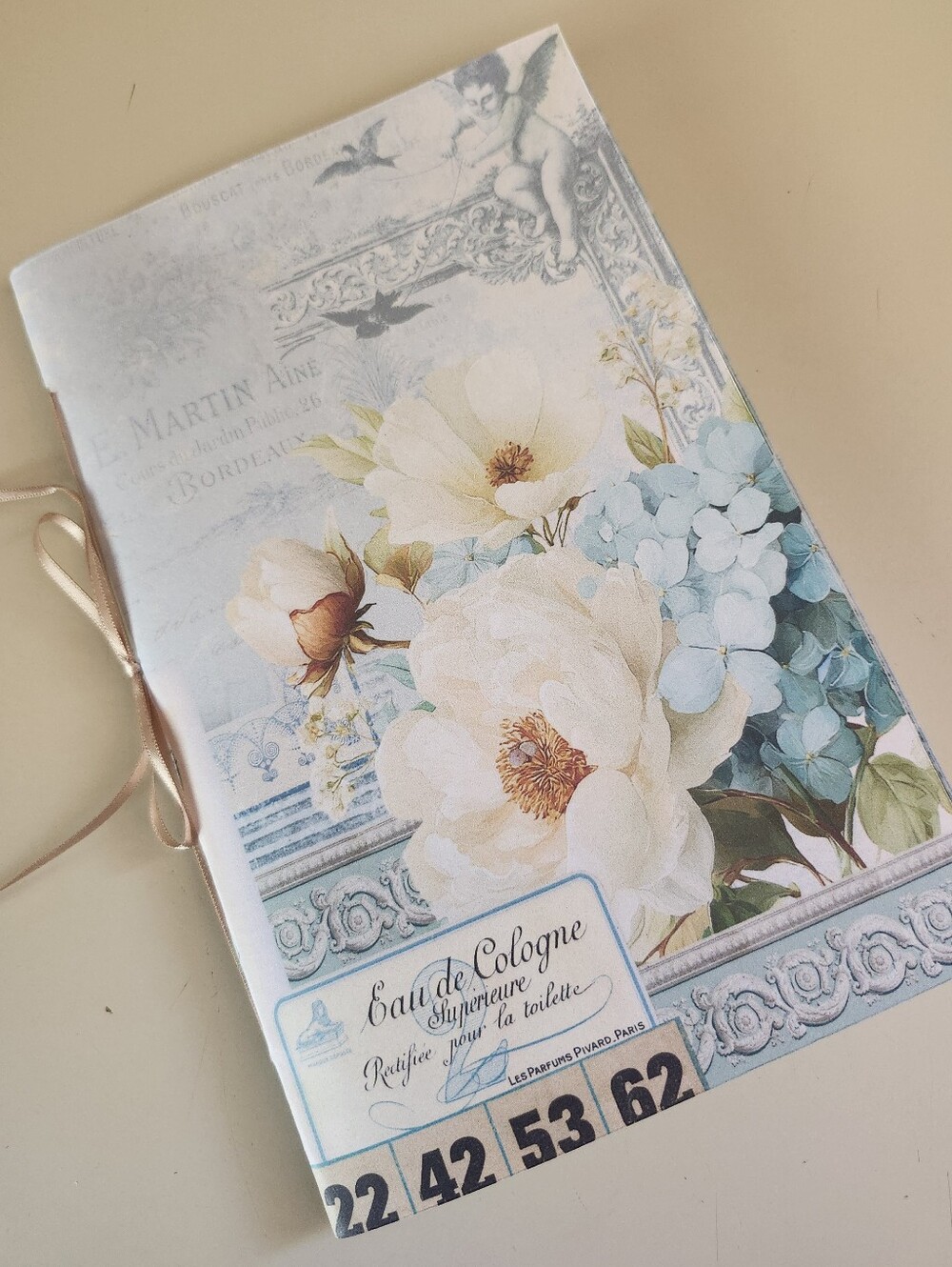 Junk Journal Booklet "VINTAGE BLUES"  Flowers HANDMADE + Ephemera LG 40pg